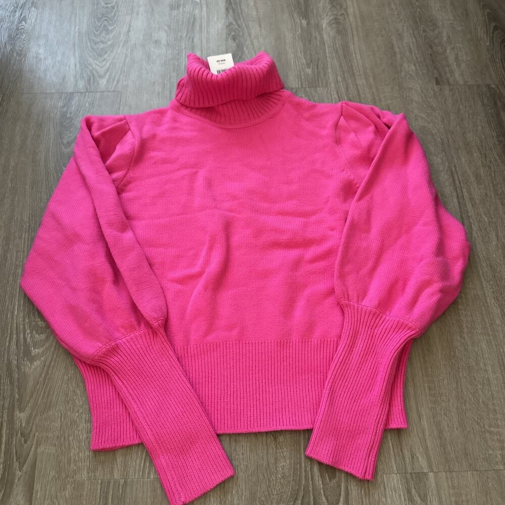 French Connection Women Medium Hot Pink Sweater Turtle Neck Puff Sleeve New NWT‎
